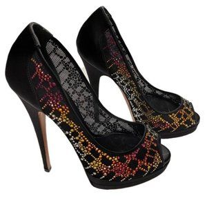 Casadei | Black Multi Color Pellame Swarovski Jeweled Peep Toe Heels Pumps